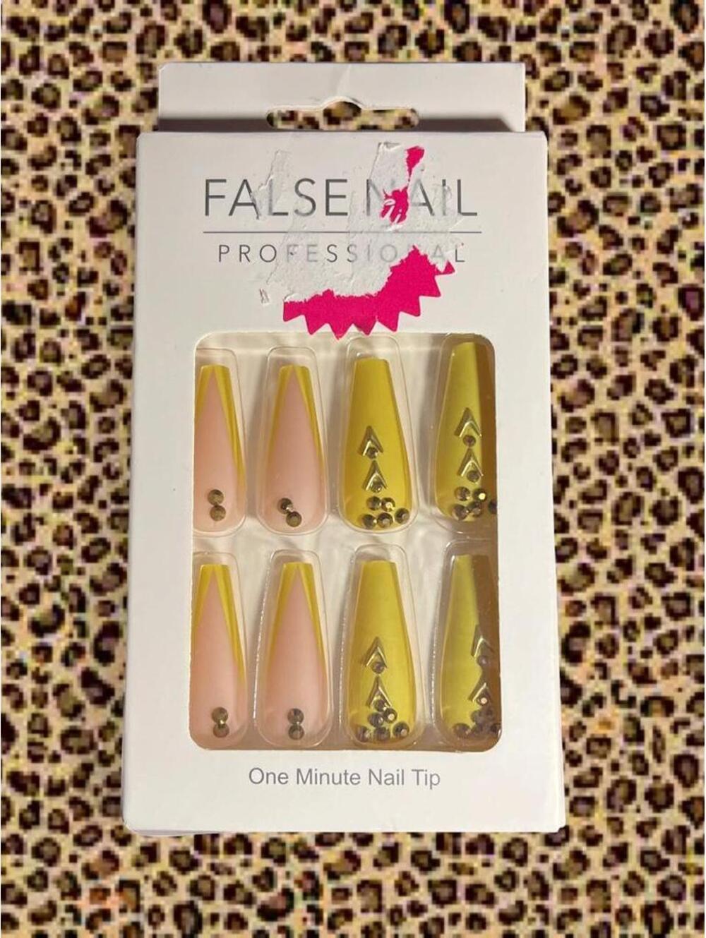 Long coffin yellow and nude press ons